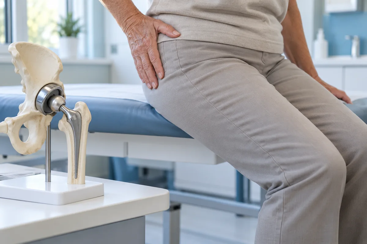 Hip discomfort assessment illustrated with a hip replacement teaching model