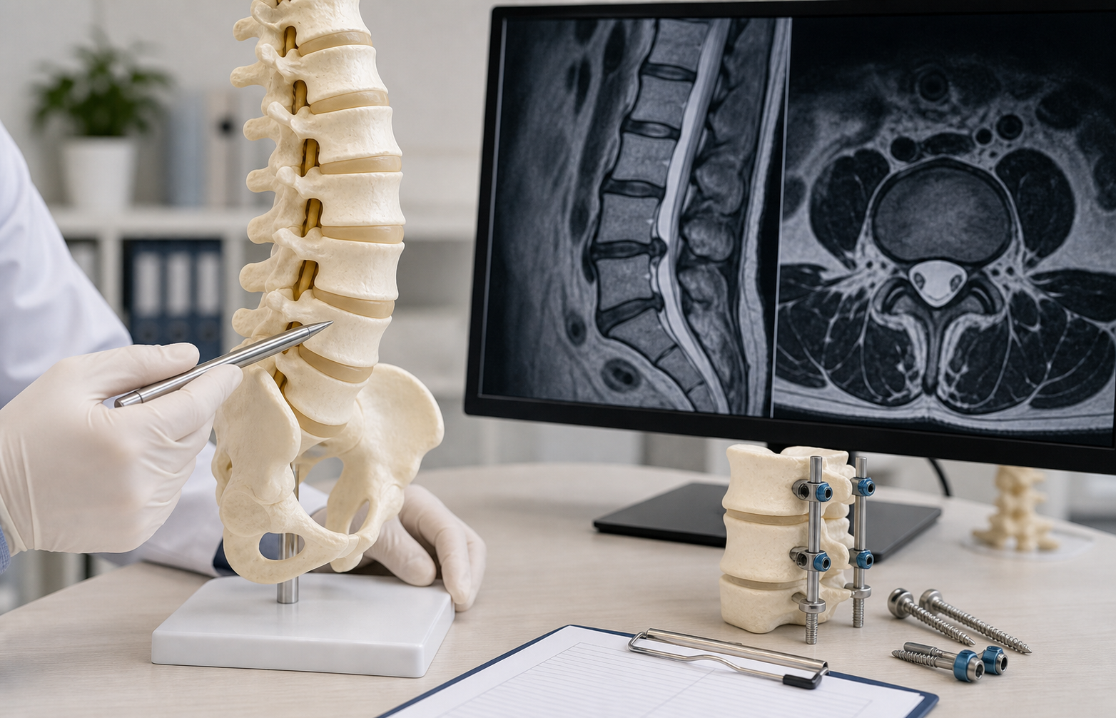 Spine model and MRI review for surgical approach planning